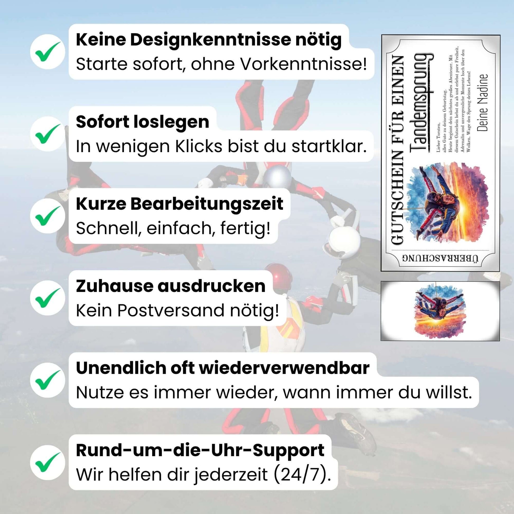 Personalisierter Fallschirmspringen Erlebnisgutschein mit lachendem Springer im freien Fall