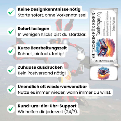 Personalisierter Fallschirmspringen Erlebnisgutschein mit lachendem Springer im freien Fall