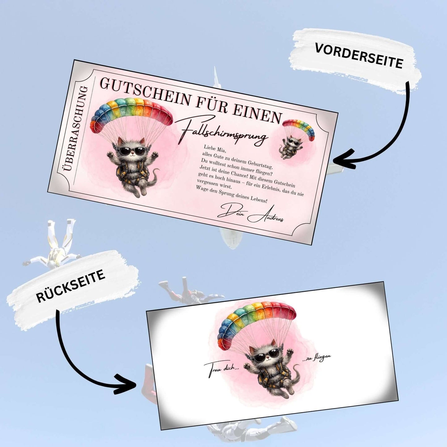 Personalisierter Fallschirmspringen Gutschein mit humorvollem Katzenmotiv zum Ausdrucken
