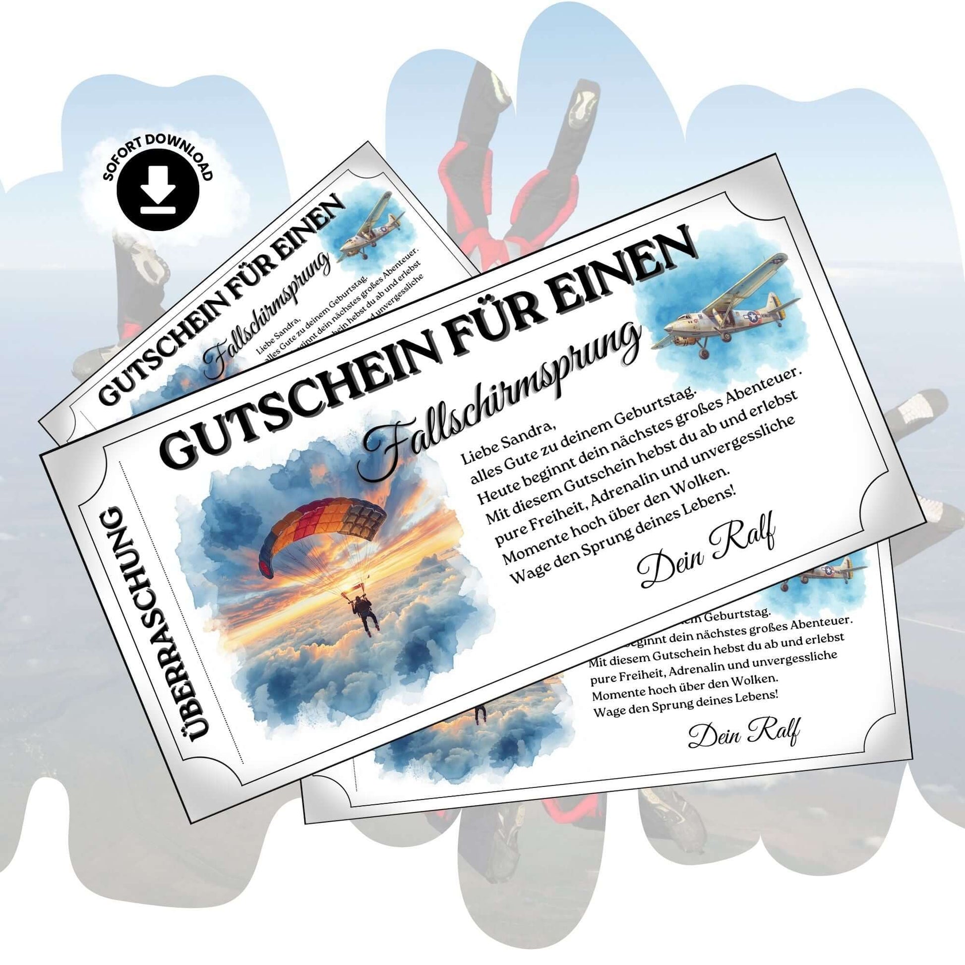Gutschein Fallschirmspringen mit Springer über goldenem Wolkenmeer und Vintage-Propellerflugzeug