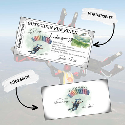 Tandemsprung Gutschein zum Ausdrucken mit Vorder- und Rückseite, perfekt für das Geschenk des Lebens.