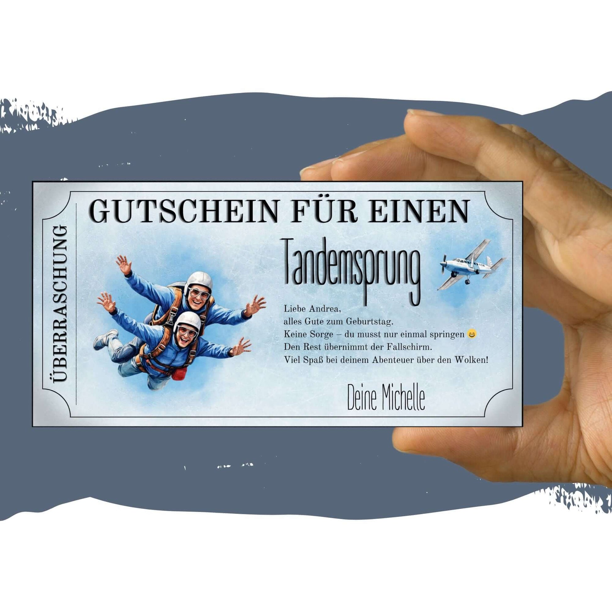 Erlebnisgutschein Tandemsprung personalisierbar mit dynamischem Springer-Duo im Retro-Look
