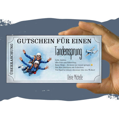 Erlebnisgutschein Tandemsprung personalisierbar mit dynamischem Springer-Duo im Retro-Look