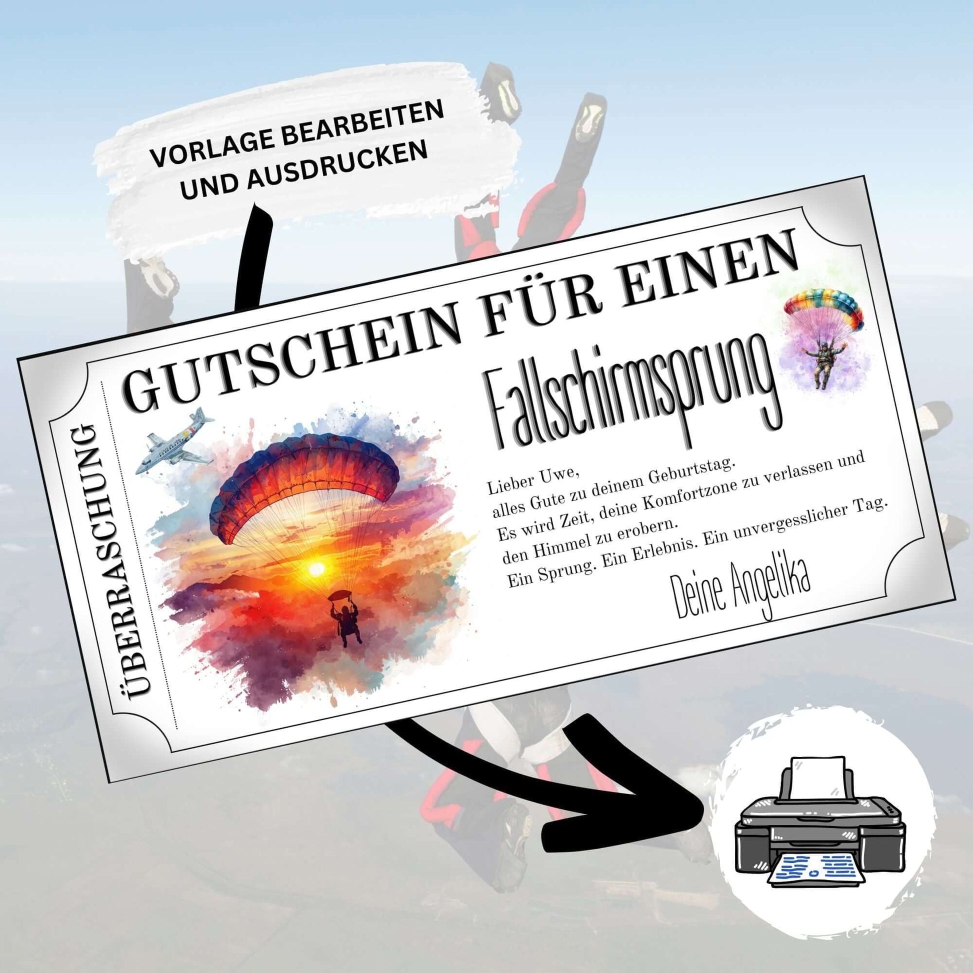 Gutschein Vorlage Fallschirmsprung mit Sprungflugzeug und buntem Regenbogen-Fallschirm