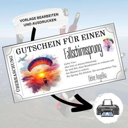 Gutschein Vorlage Fallschirmsprung mit Sprungflugzeug und buntem Regenbogen-Fallschirm