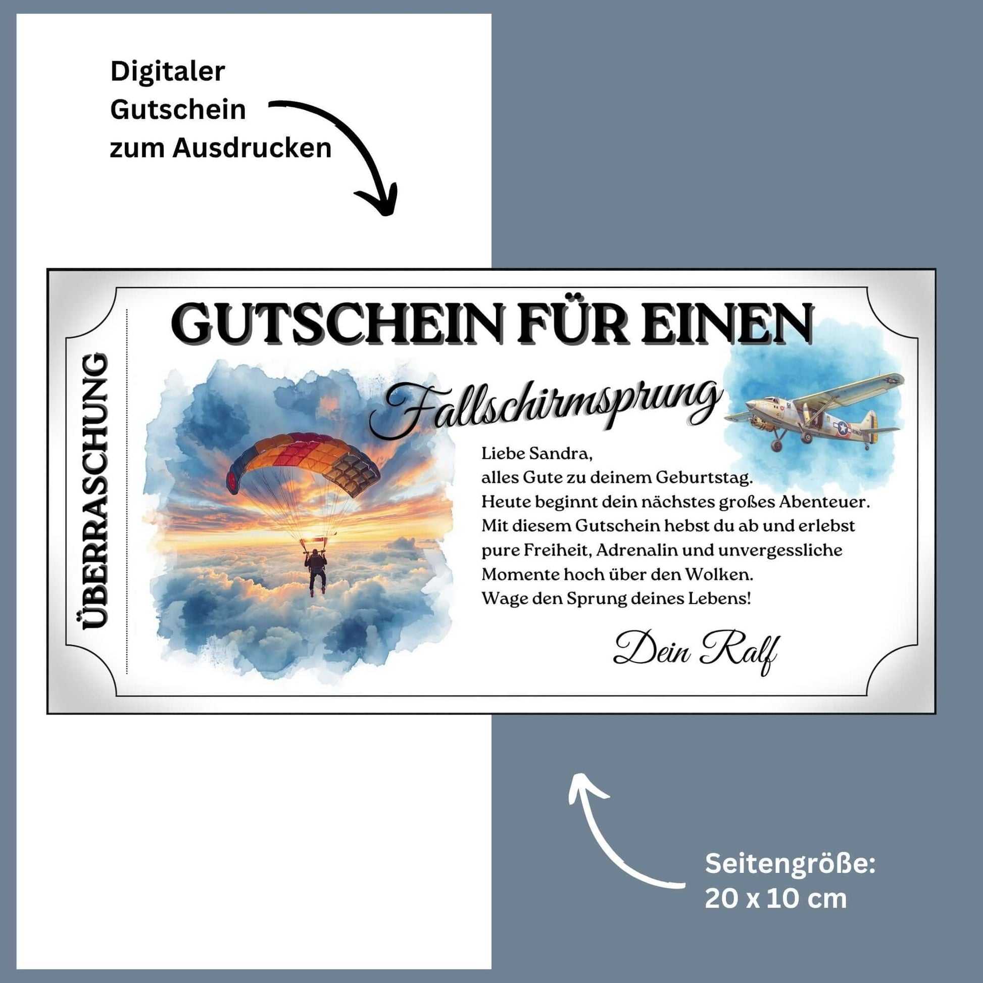 Fallschirmsprung Gutschein Vorlage mit schwebendem Springer im Sonnenaufgang über Wolken