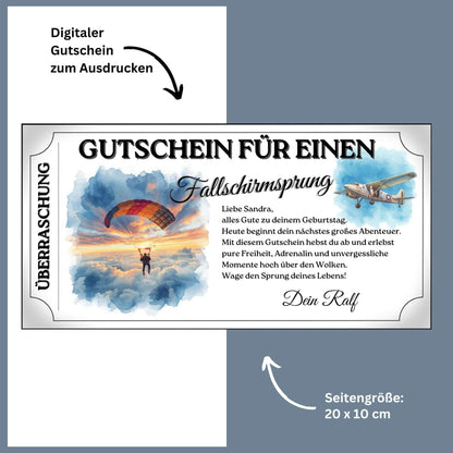 Fallschirmsprung Gutschein Vorlage mit schwebendem Springer im Sonnenaufgang über Wolken