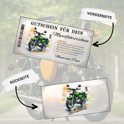 Gutschein für Mopedführerschein – grünes Motorrad Aquarell mit Ampel und Verkehrszeichen