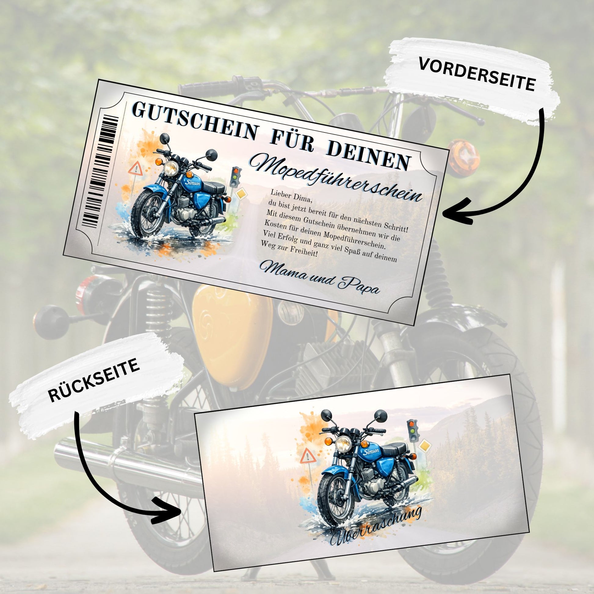 Gutschein für Mopedführerschein blaues Motorrad Aquarell mit Ampel und Verkehrszeichen