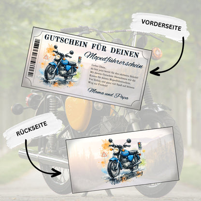 Gutschein für Mopedführerschein blaues Motorrad Aquarell mit Ampel und Verkehrszeichen