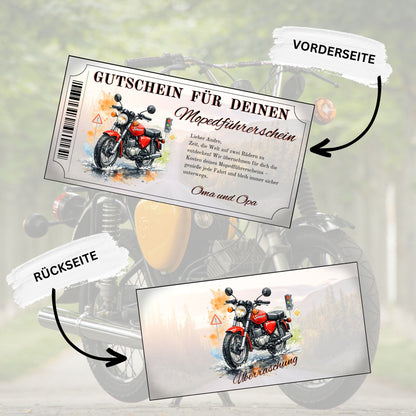 Gutschein für Mopedführerschein – rotes Motorrad Aquarell mit Ampel und Verkehrszeichen