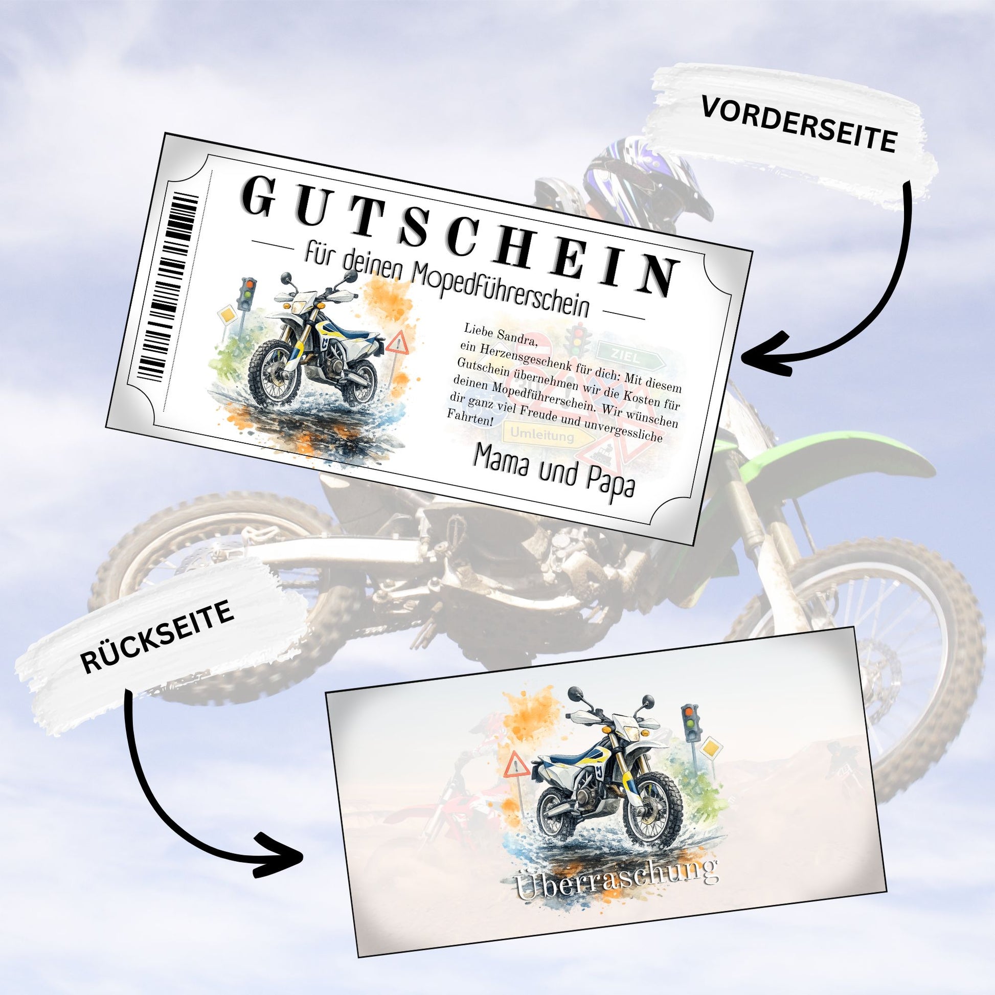 Gutschein für Mopedführerschein blau-weißes Enduro mit Verkehrszeichen Watermark