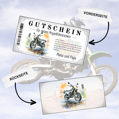 Gutschein für Mopedführerschein blau-weißes Enduro mit Verkehrszeichen Watermark