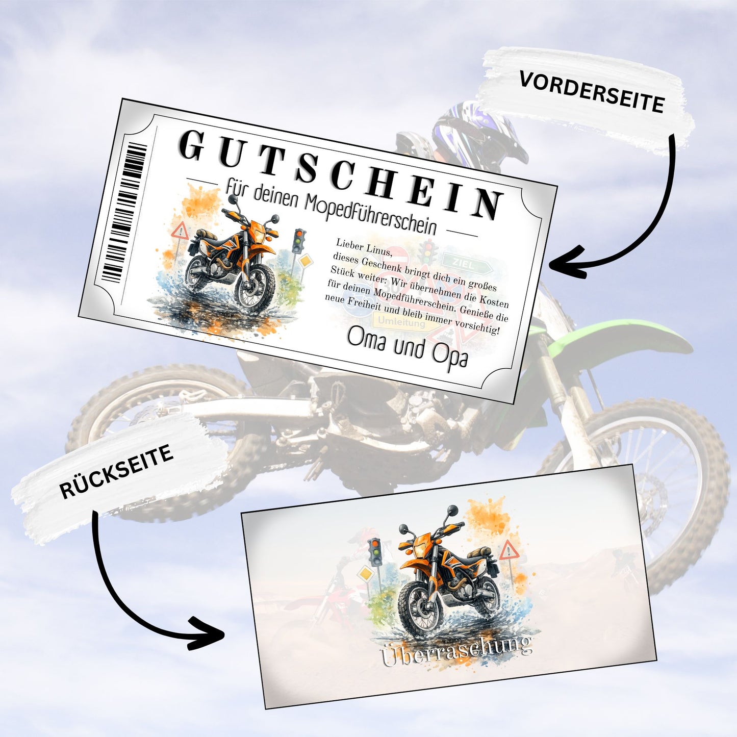 Gutschein für Mopedführerschein oranges Enduro-Design mit Verkehrszeichen Watermark