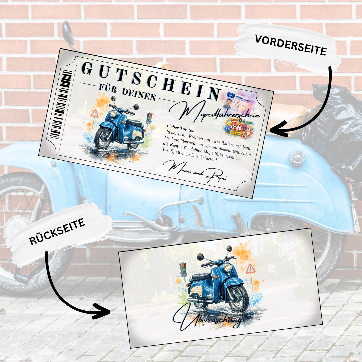 Gutschein für Mopedführerschein blaue Schwalbe Aquarell mit Führerschein und Verkehrszeichen