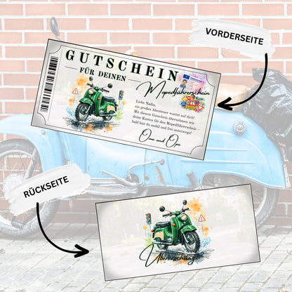Gutschein für Mopedführerschein grüne Schwalbe Aquarell mit Führerschein und Verkehrszeichen