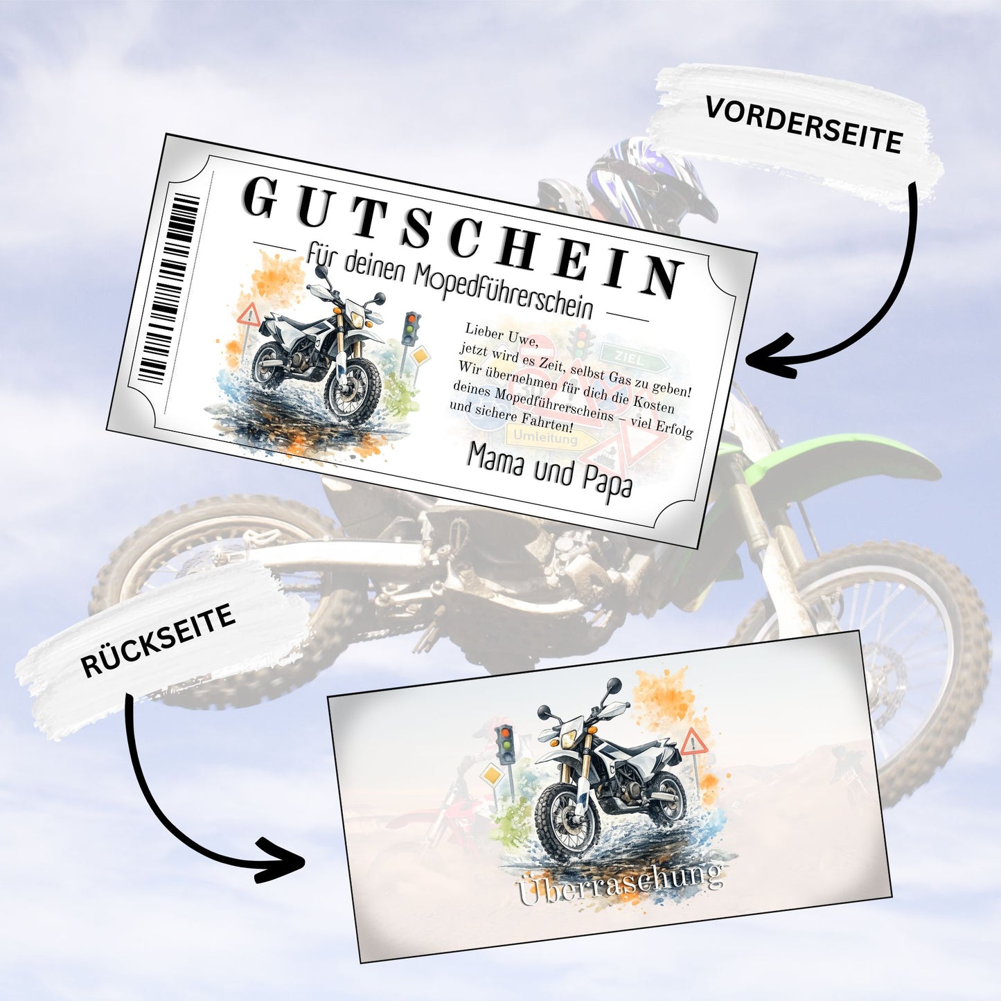 Gutschein für Mopedführerschein modernes Enduro-Design mit Verkehrszeichen Hintergrund