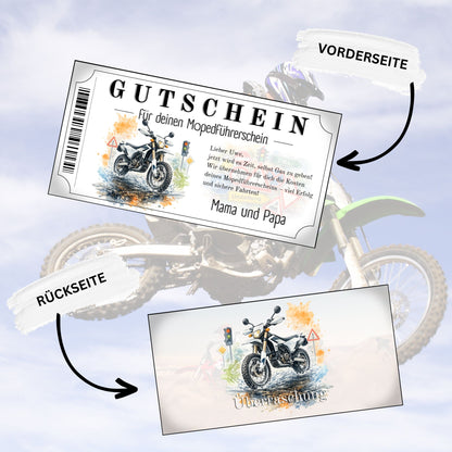 Gutschein für Mopedführerschein modernes Enduro-Design mit Verkehrszeichen Hintergrund