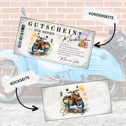 Gutschein für Mopedführerschein Schwalbe Aquarell mit Führerschein und Verkehrszeichen