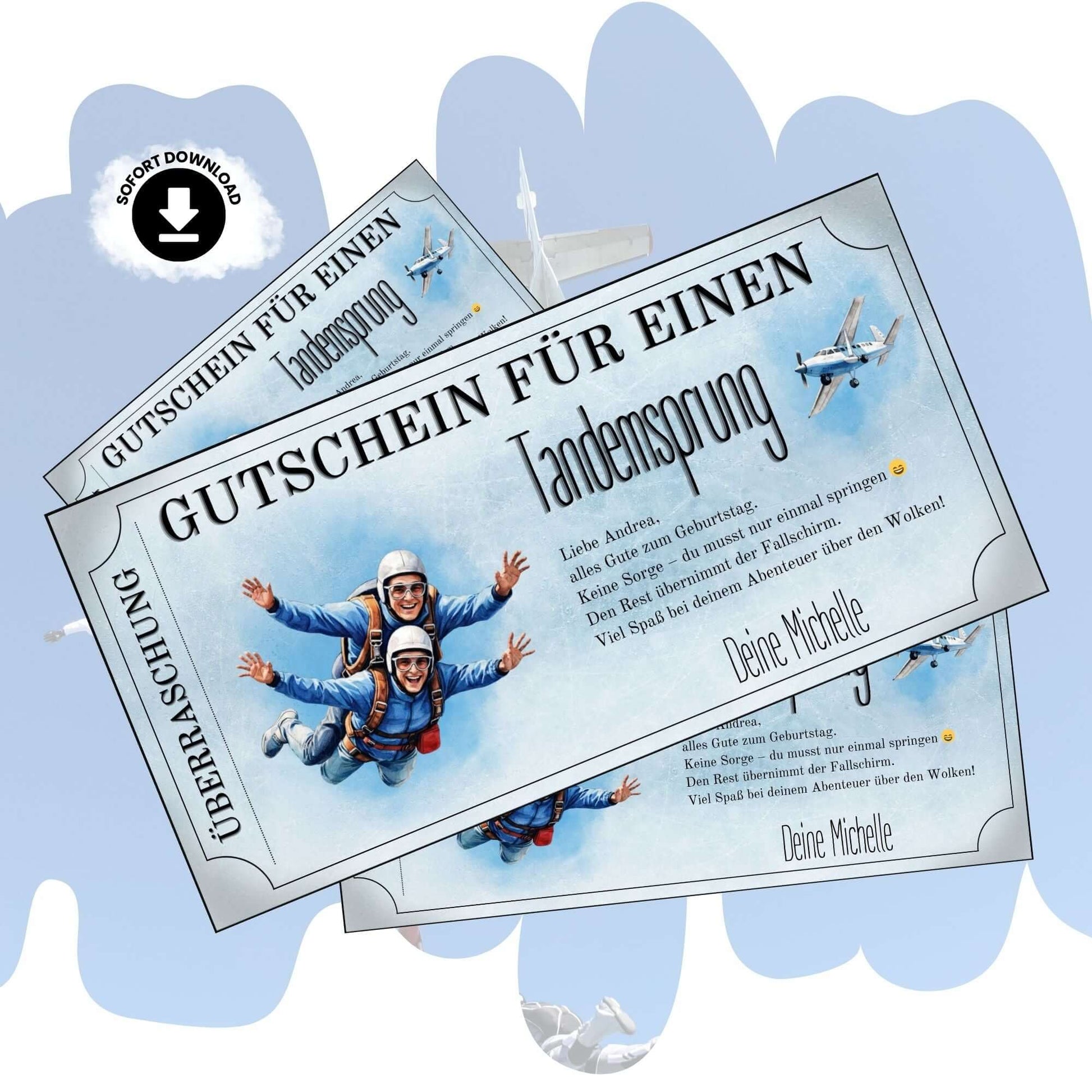 Gutschein Tandemsprung Geschenk mit zwei lachenden Springern im freien Fall vor hellblauem Himmel