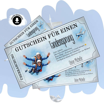 Gutschein Tandemsprung Geschenk mit zwei lachenden Springern im freien Fall vor hellblauem Himmel
