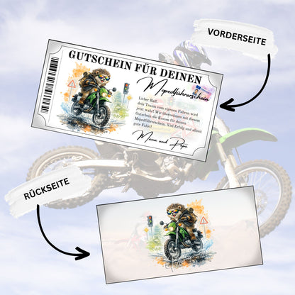 Gutschein für Mopedführerschein witziger Igel mit Sonnenbrille Aquarell