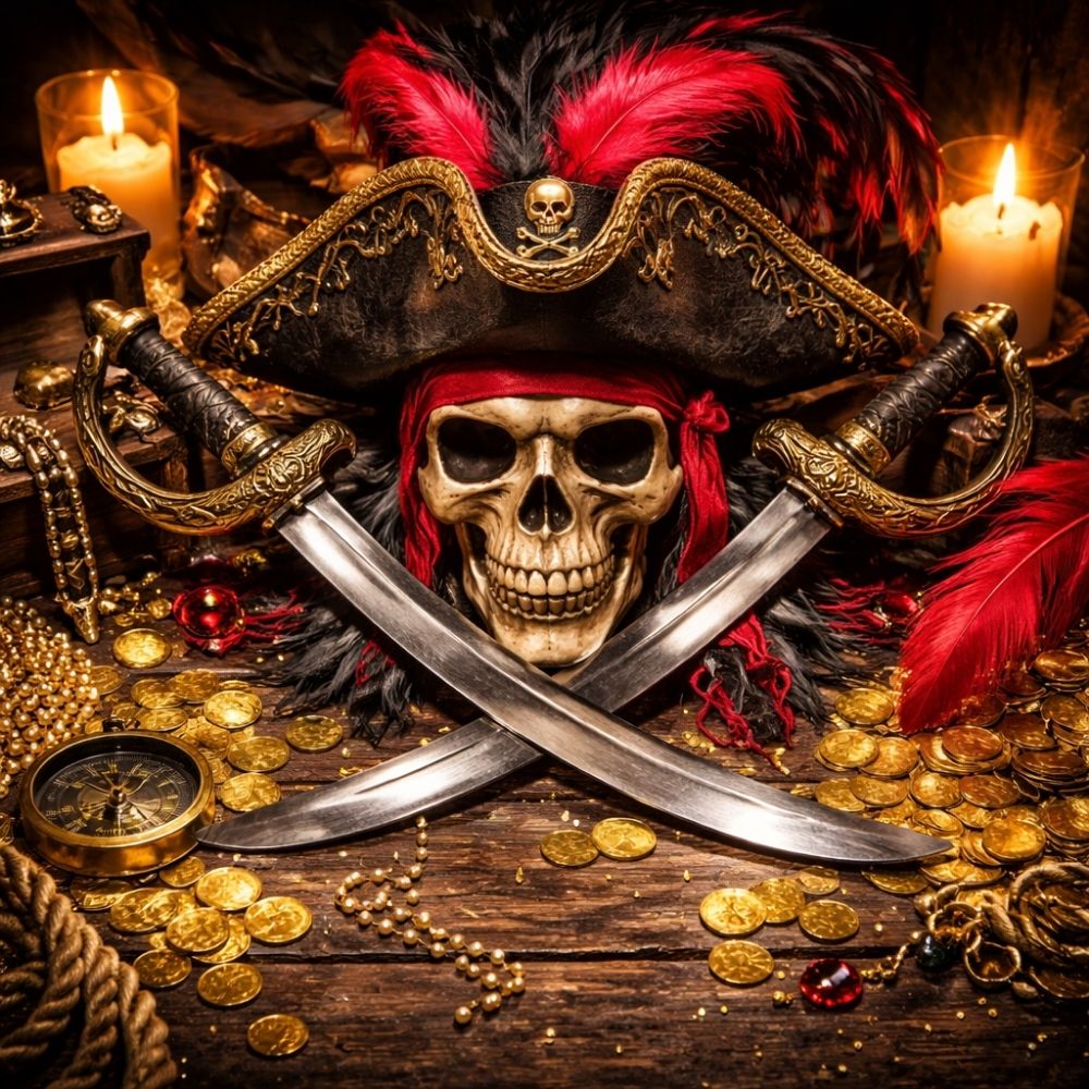 Piraten-Karnevalsmottoparty Einladungsbild mit Säbeln, Totenkopfhut und goldenen Münzen