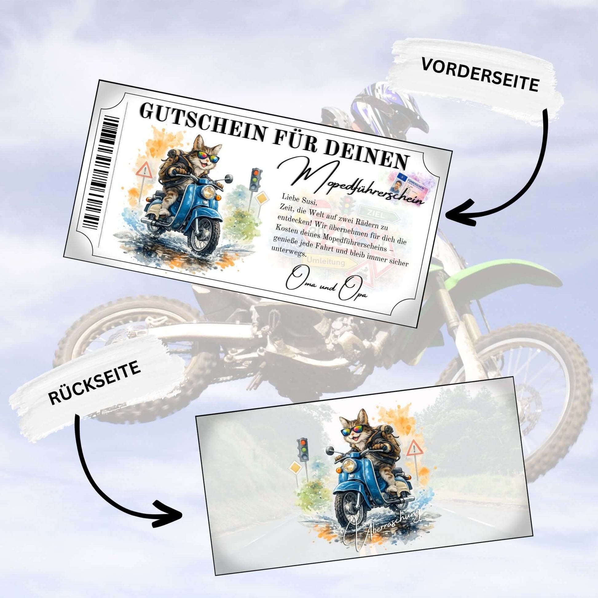 Gutschein für Mopedführerschein freche Katze Sonnenbrille blaue Simson Schwalbe