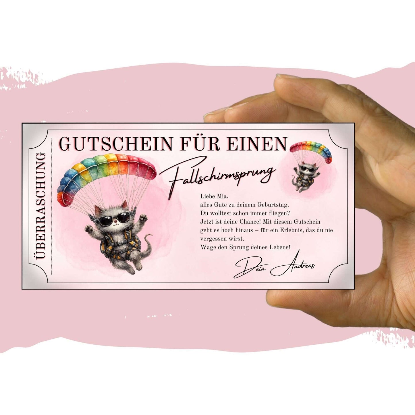 Lustiger Fallschirmsprung Geschenkgutschein mit winkender Mini-Katze und rosa Design
