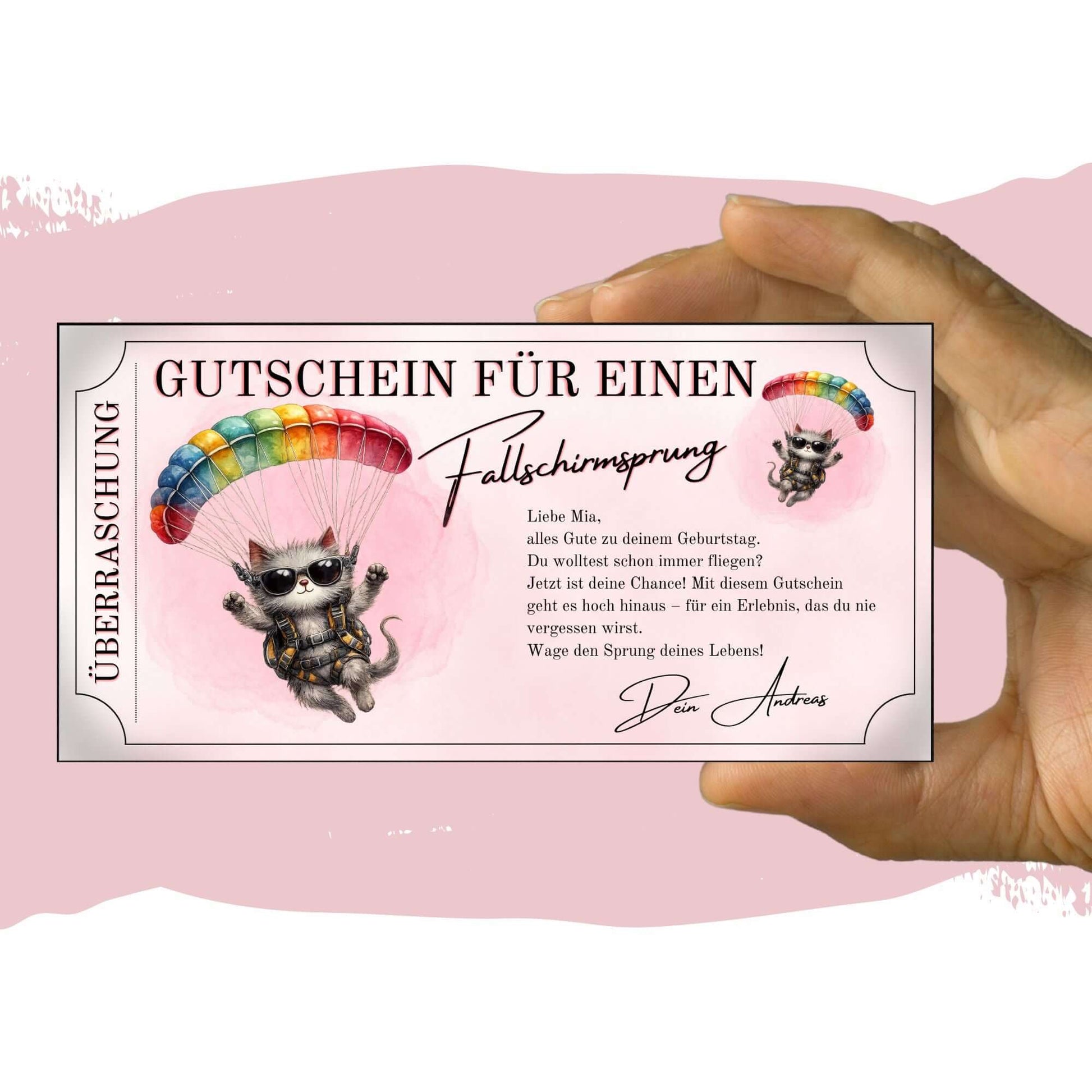 Lustiger Fallschirmsprung Geschenkgutschein mit winkender Mini-Katze und rosa Design
