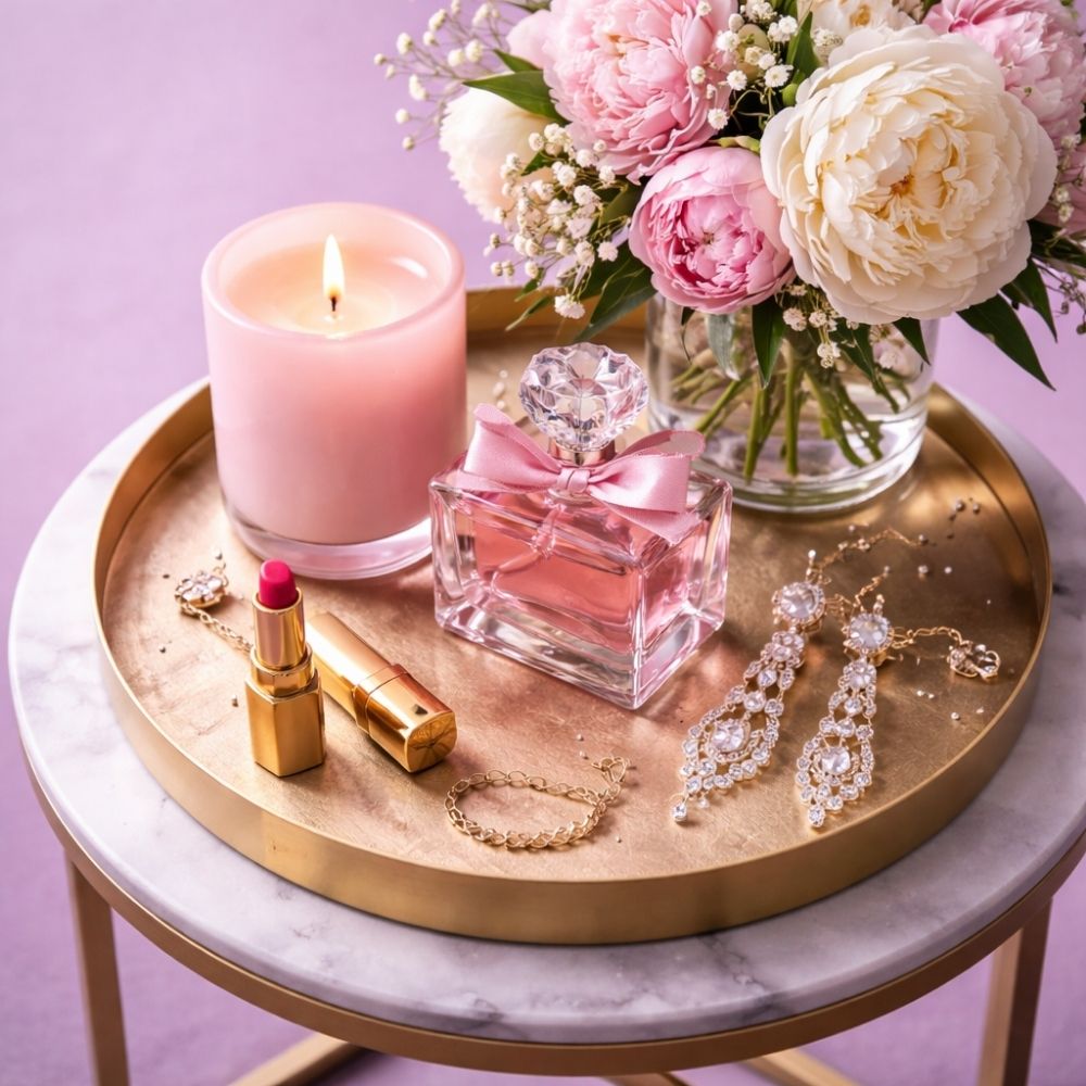 Stilvoller Flatlay mit pinkfarbener Kerze, Rosenparfüm, goldenem Lippenstift und Pfingstrosen auf pastelllila Hintergrund – Ladies Night Einladung Bildmotiv