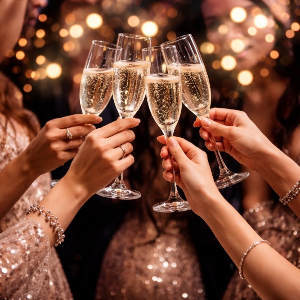 Frauenhände in eleganten Abendkleidern stoßen Sektgläser an, im Hintergrund funkelndes Rosa-Gold-Bokeh – festliche Ladies Night Mottoparty
