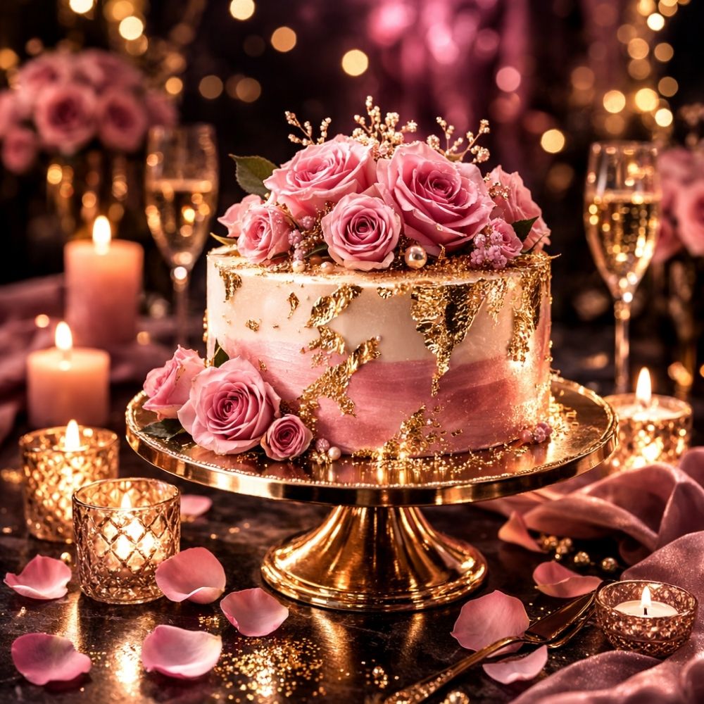 Elegante Geburtstagstorte auf goldenem Ständer mit pinkfarbenen Zuckerrosen und brennenden Kerzen – Geburtstagsparty Ladies Night Design