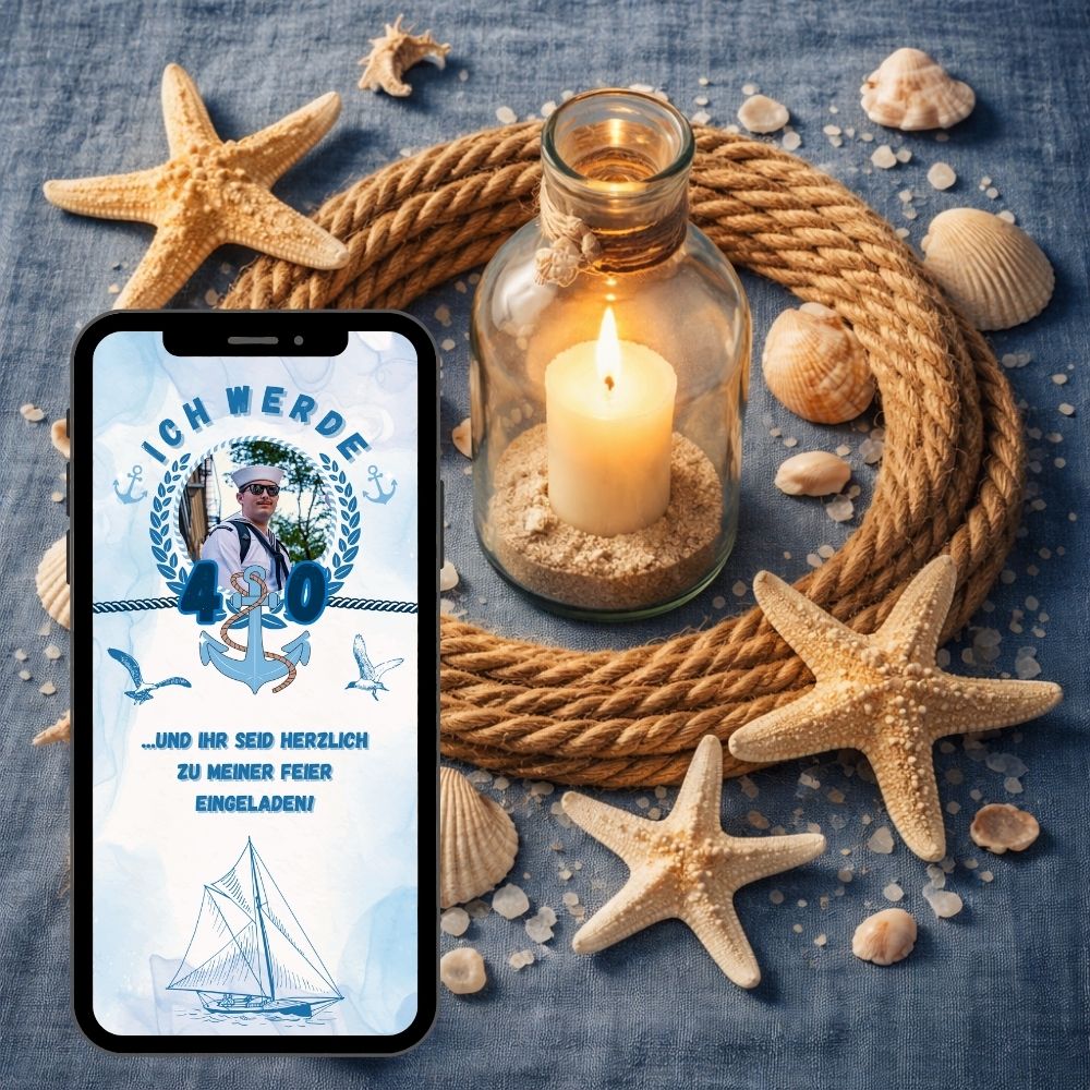 Animierte maritime Einladungskarte zum Geburtstag mit Seestern und Muscheln