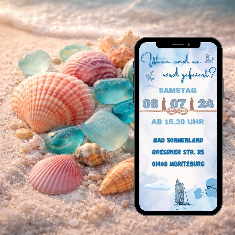 Digitale maritime Geburtstagseinladung WhatsApp mit Muscheln und Seeglas