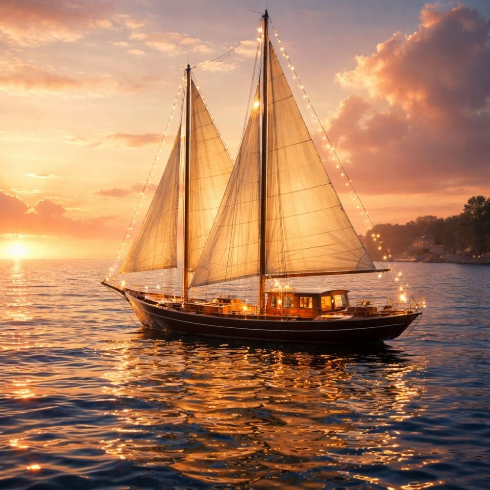 Maritime Geburtstagseinladung digital – Segelboot bei Sonnenuntergang
