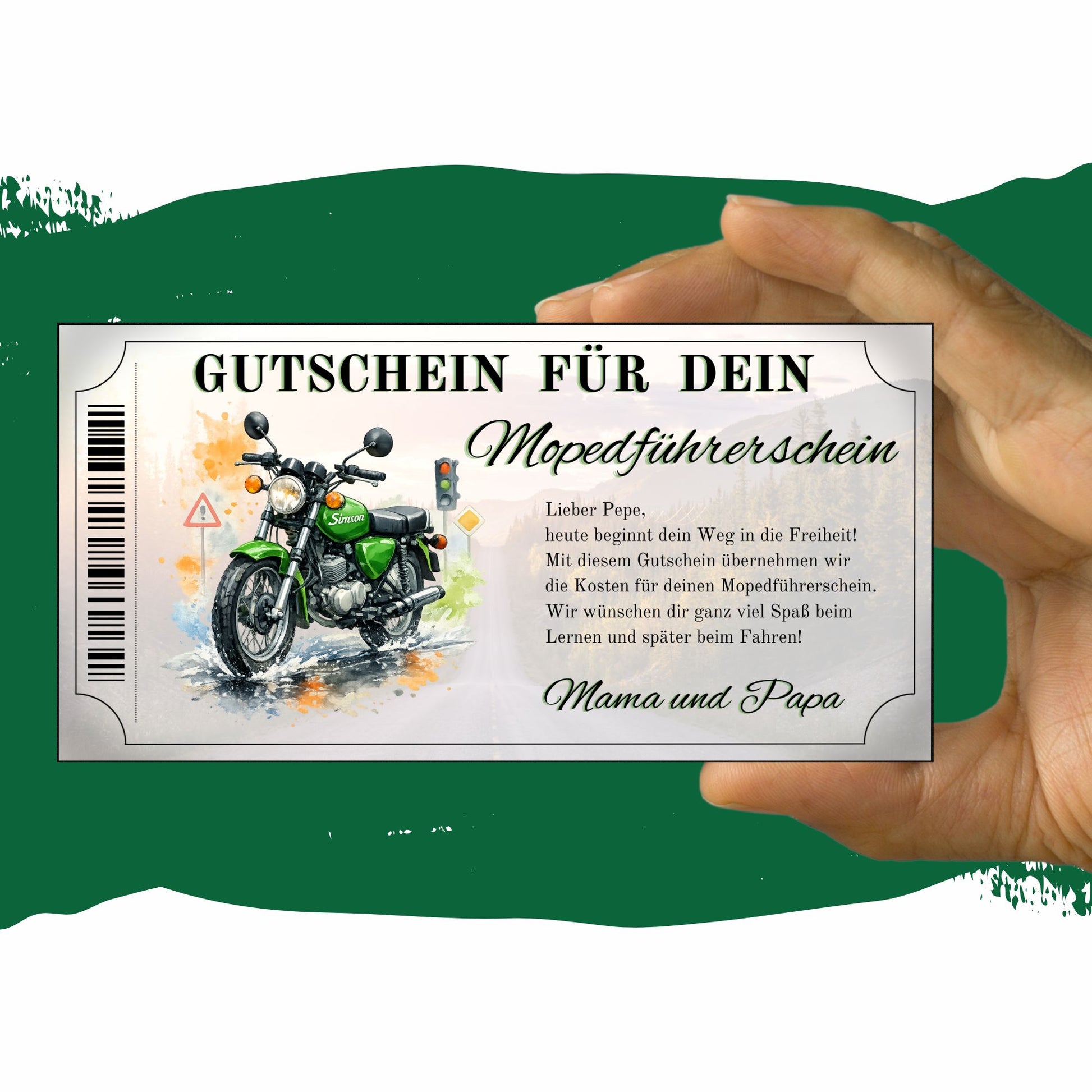 Gutschein Mopedführerschein Simson S51 Illustration mit Ticket-Design und Barcode