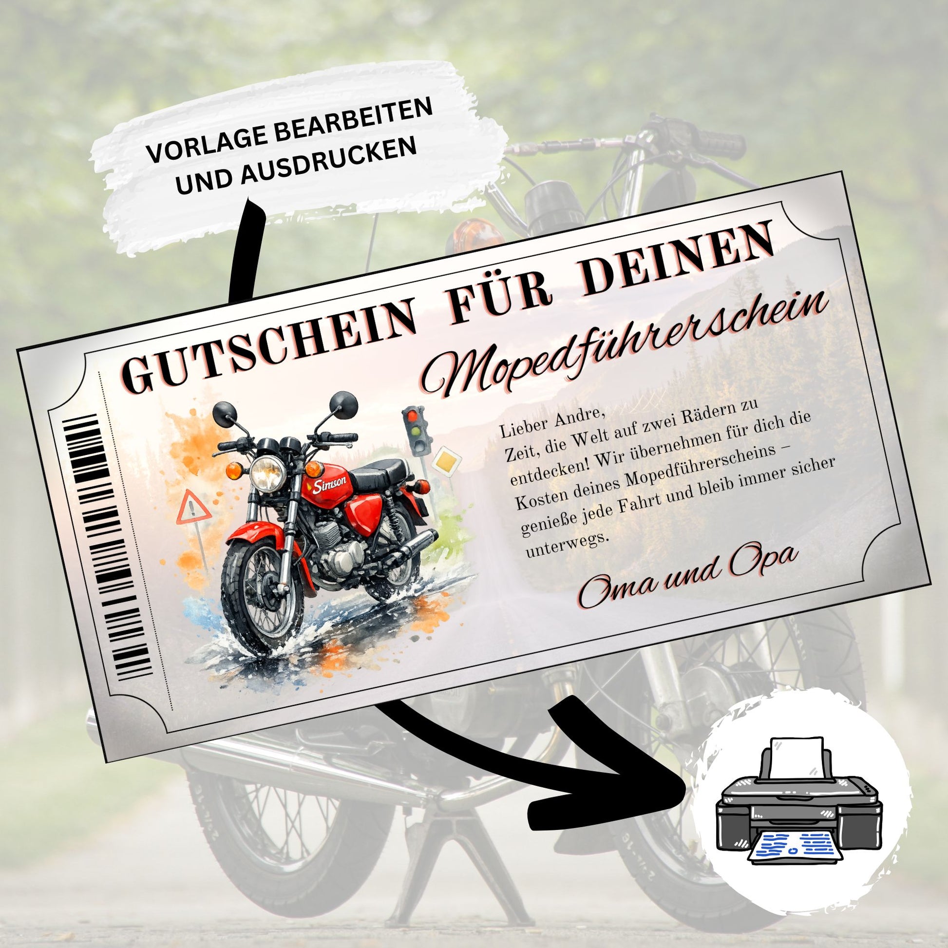 Personalisierter Mopedführerschein Gutschein rotes Simson-Design zum Ausdrucken