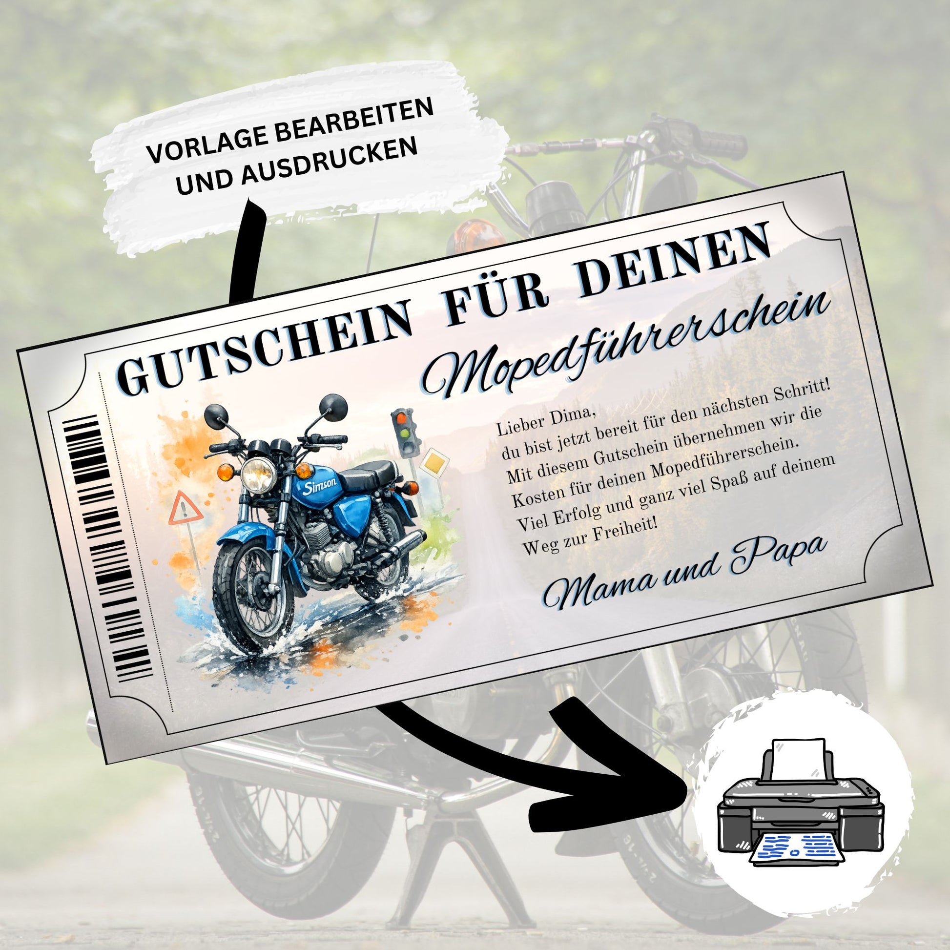 Personalisierter Mopedführerschein Gutschein blaues Simson-Design zum Ausdrucken