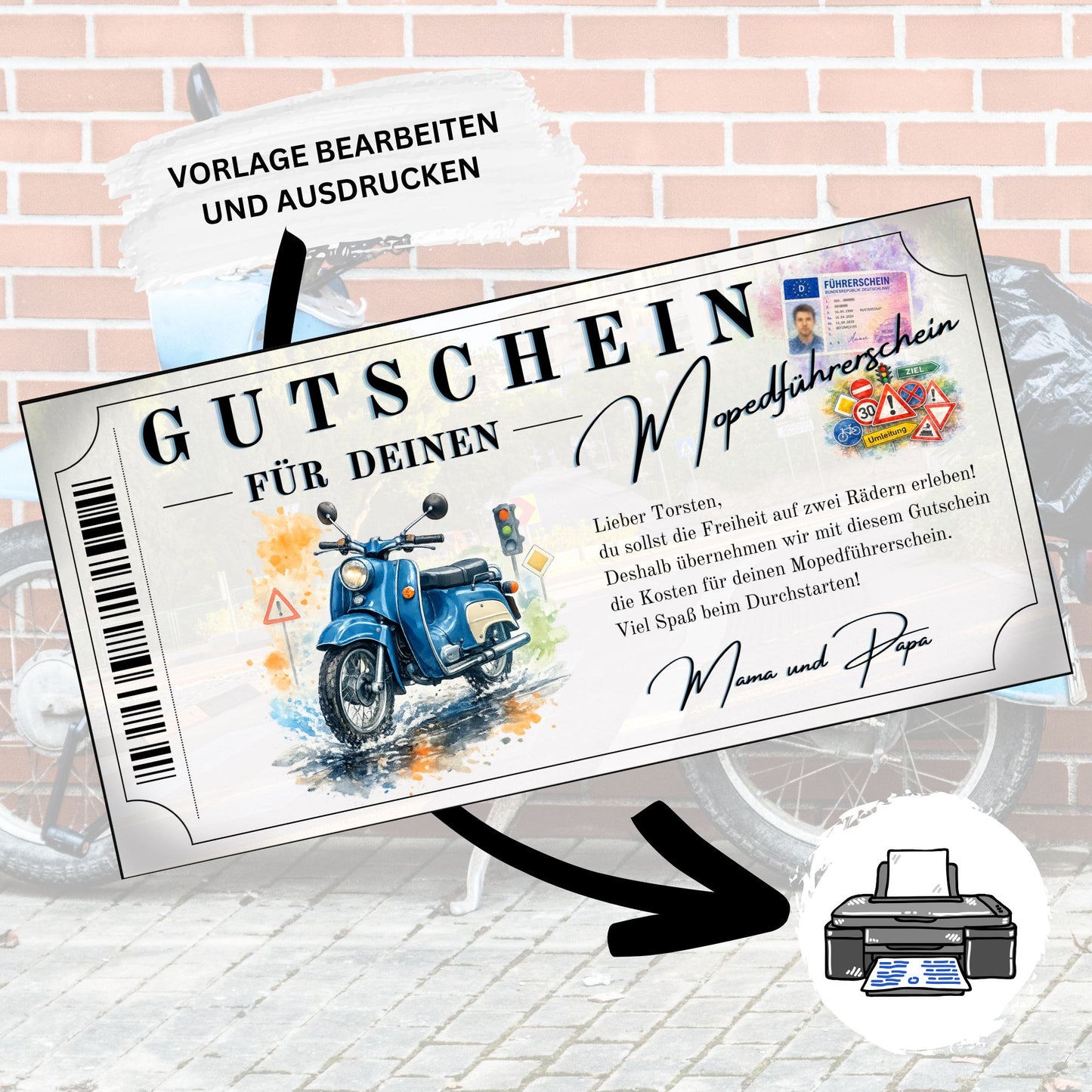 Personalisierter Mopedführerschein Gutschein blaues Schwalbe-Design zuhause ausdrucken