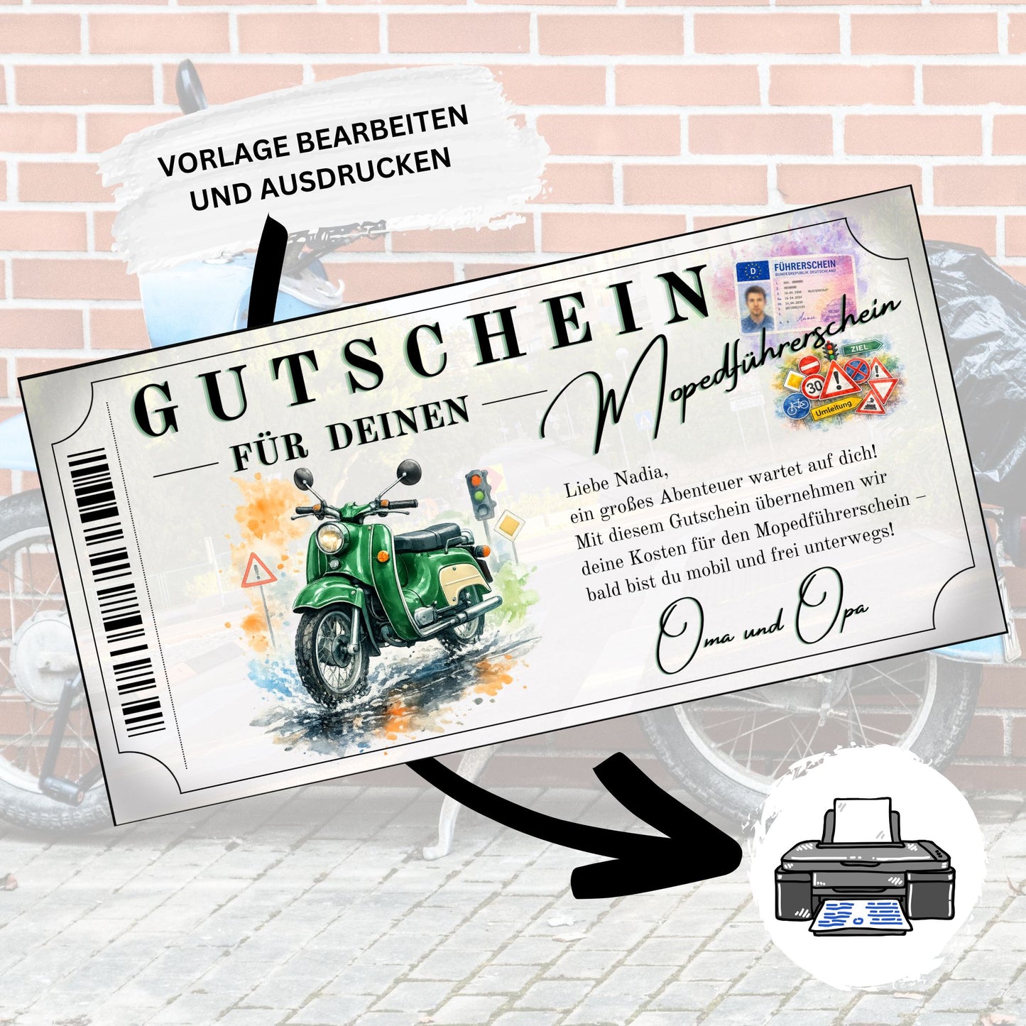 Personalisierter Mopedführerschein Gutschein grüne Schwalbe-Design zuhause ausdrucken