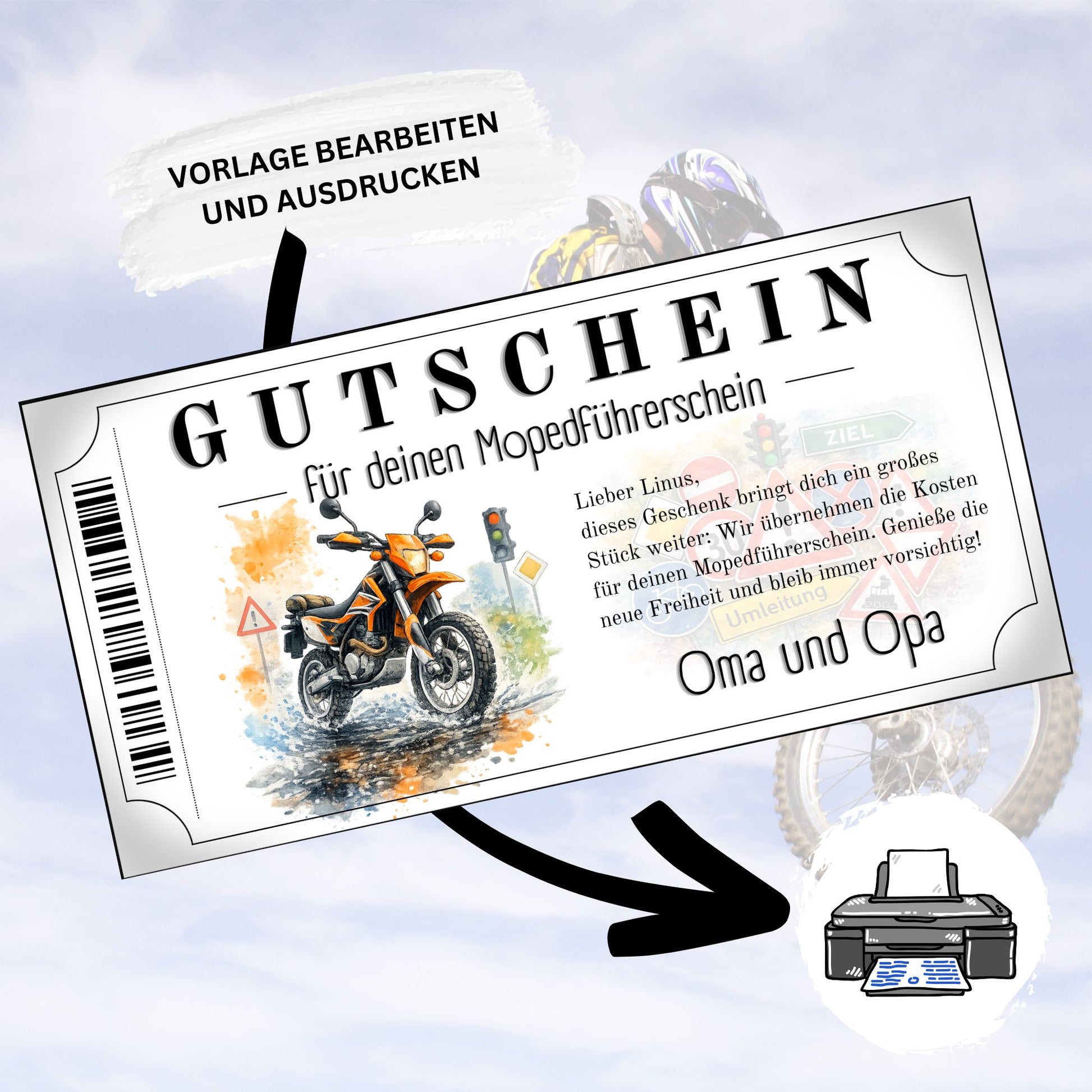 Personalisierter Mopedführerschein Gutschein Enduro orange zuhause ausdrucken