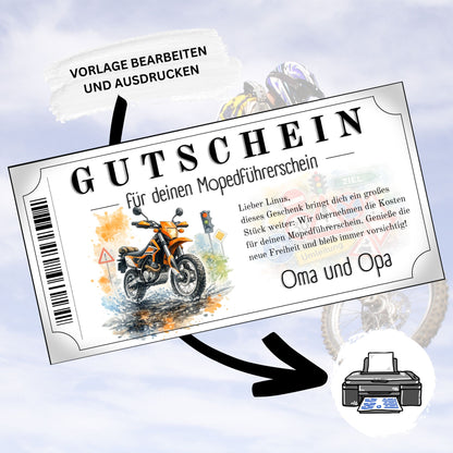 Personalisierter Mopedführerschein Gutschein Enduro orange zuhause ausdrucken