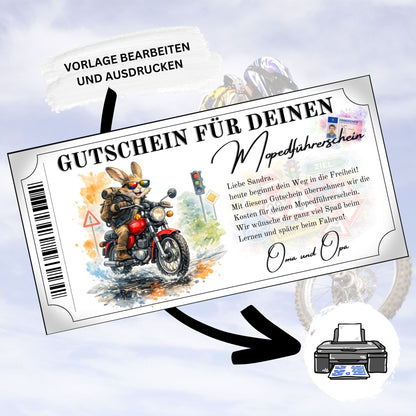 Personalisierter Mopedführerschein Gutschein Hase Lederjacke Rucksack Motorrad