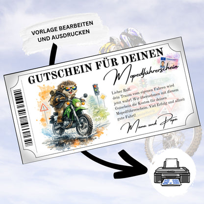 Personalisierter Mopedführerschein Gutschein Igel Lederjacke Rucksack Enduro
