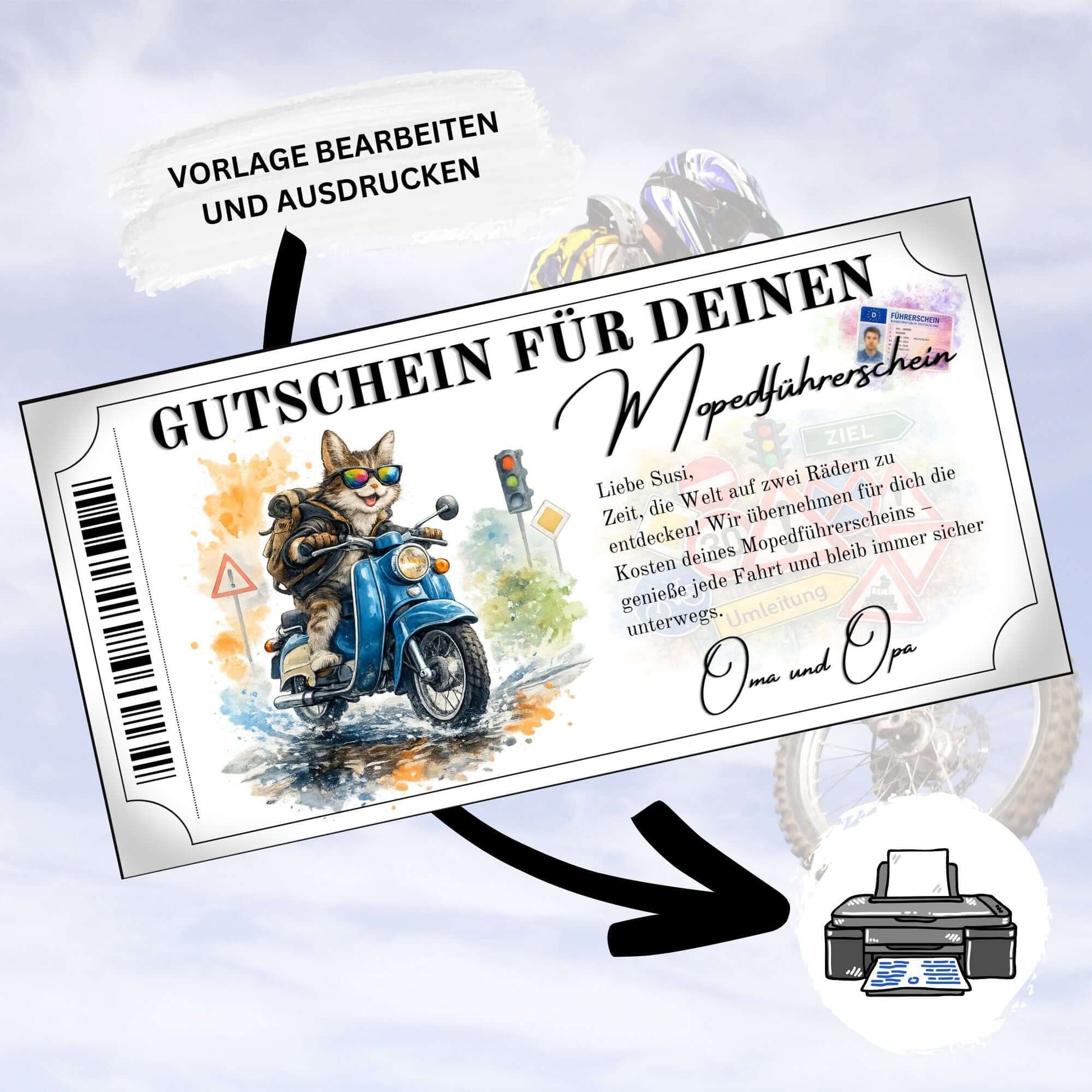 Personalisierter Mopedführerschein Gutschein Katze Lederjacke blaue Schwalbe