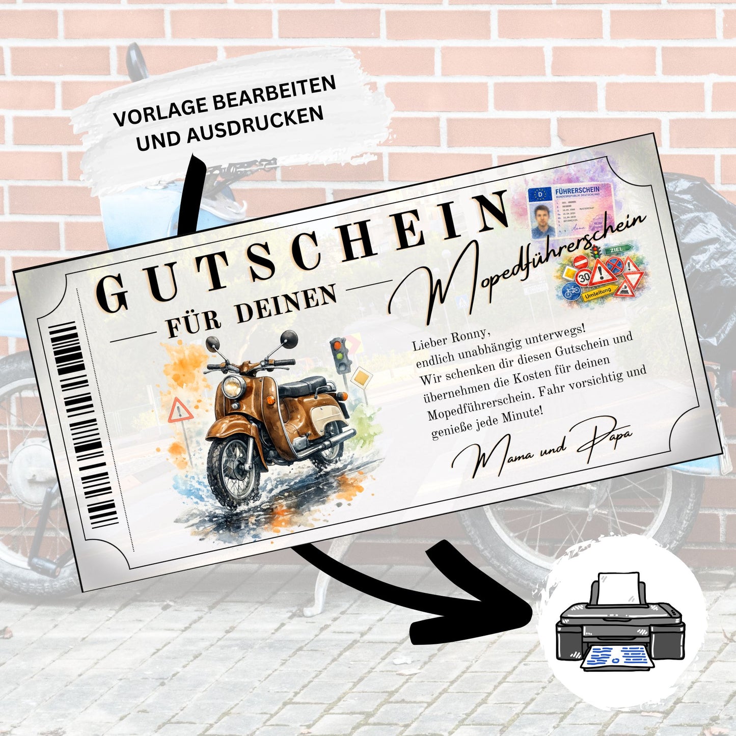 Personalisierter Mopedführerschein Gutschein Schwalbe-Design zuhause ausdrucken