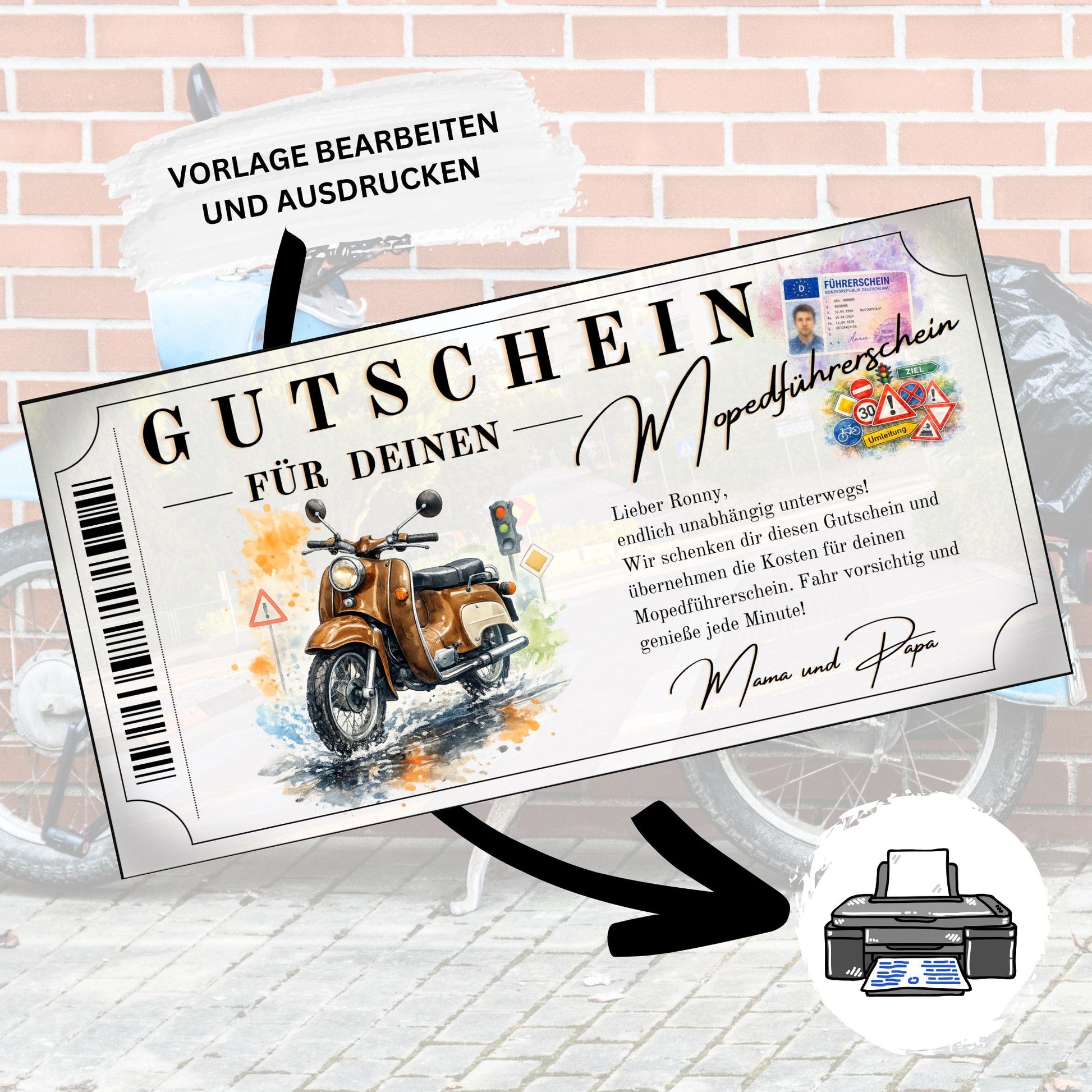 Personalisierter Mopedführerschein Gutschein Schwalbe-Design zuhause ausdrucken