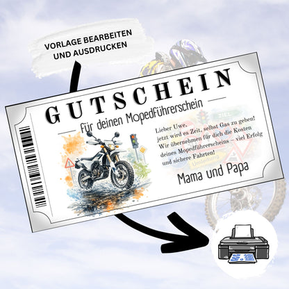 Personalisierter Mopedführerschein Gutschein Enduro weißes Motorrad zuhause ausdrucken