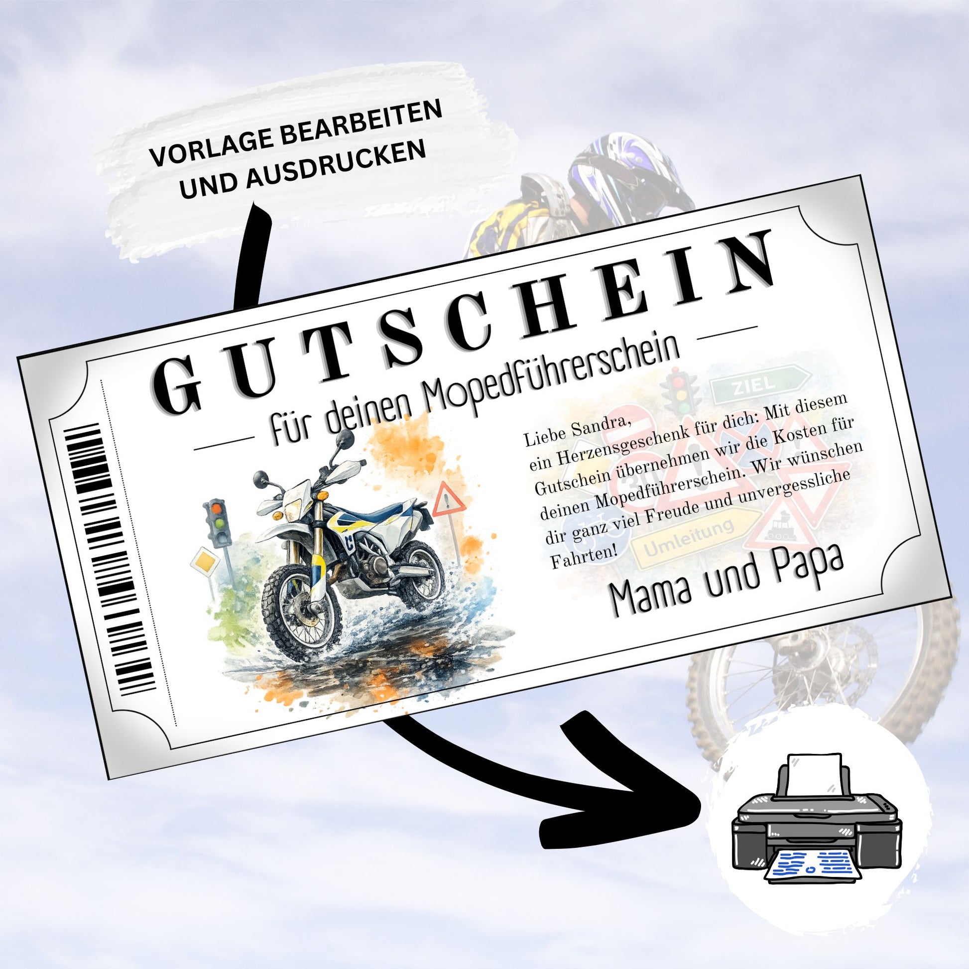 Personalisierter Mopedführerschein Gutschein Enduro blau-weiß zuhause ausdrucken